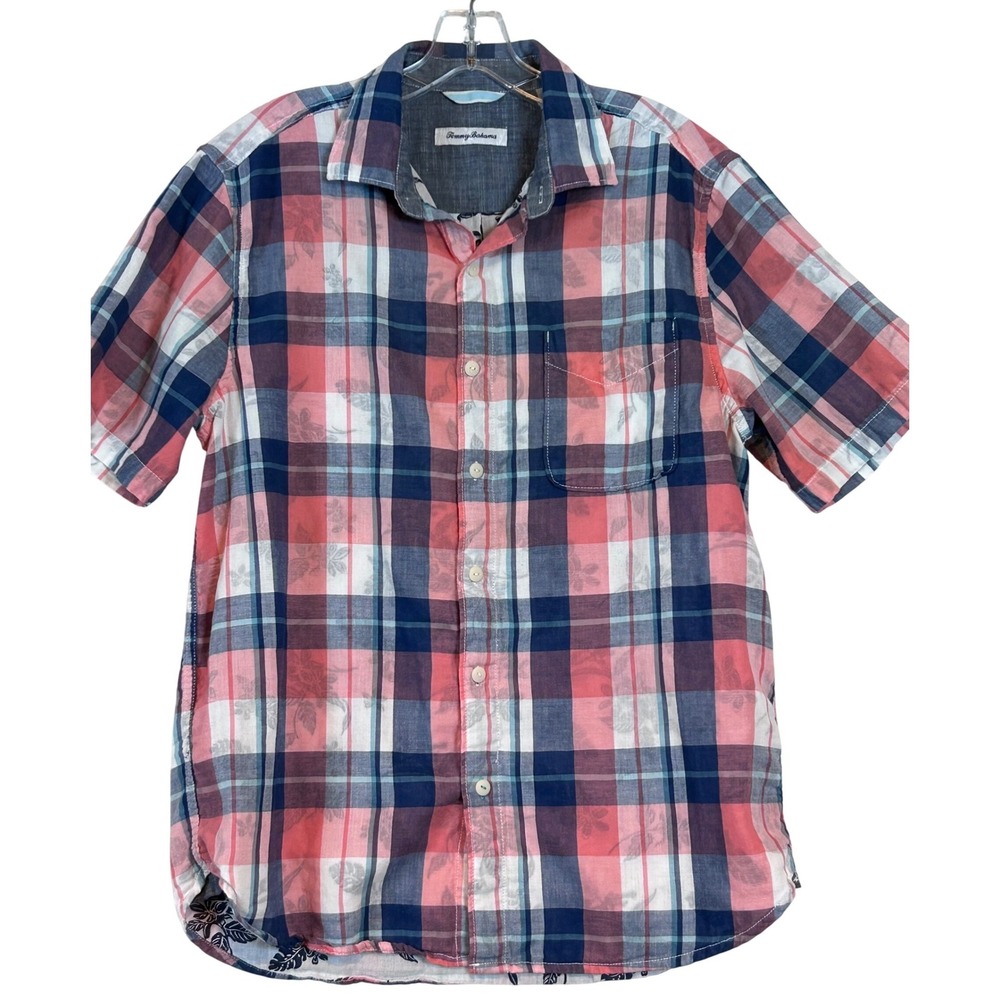 Tommy Bahama Mens Short Sleeve Plaid Tropical Floral Button Down Shirt Navy Med